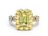 Yellow gold Fancy Yellow Emerald  Cut Diamond Floral Halo Engagement Ring with Shared Prong Setting 2