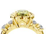 Yellow gold Fancy Yellow Emerald  Cut Diamond Floral Halo Engagement Ring with Shared Prong Setting