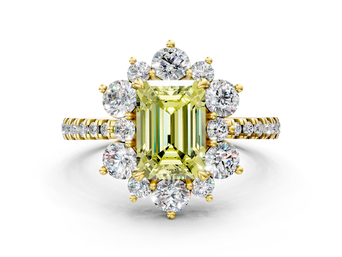Yellow gold Fancy Yellow Emerald  Cut Diamond Floral Halo Pave Band with Prong Setting_37