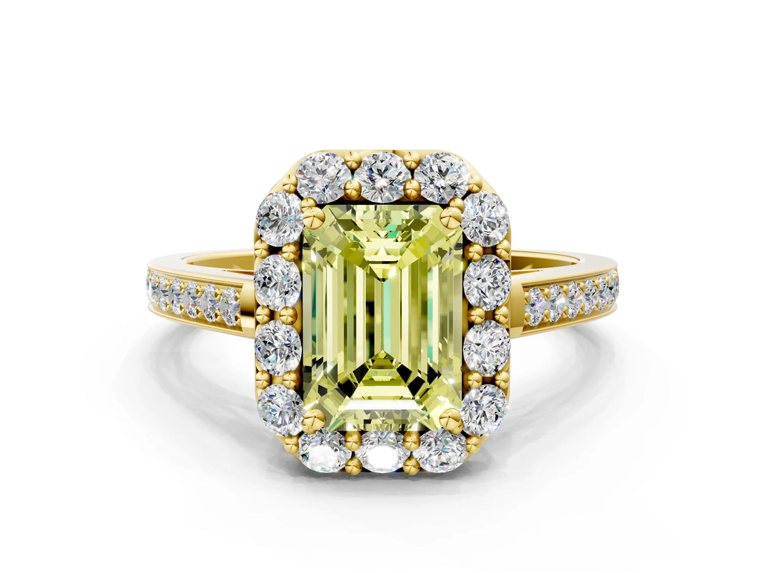 Yellow gold Fancy Yellow Emerald Cut Diamond Floral Halo Ring with Pavé Band and Prong Setting_3