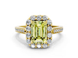Yellow gold Fancy Yellow Emerald Cut Diamond Floral Halo Ring with Pavé Band and Prong Setting_3