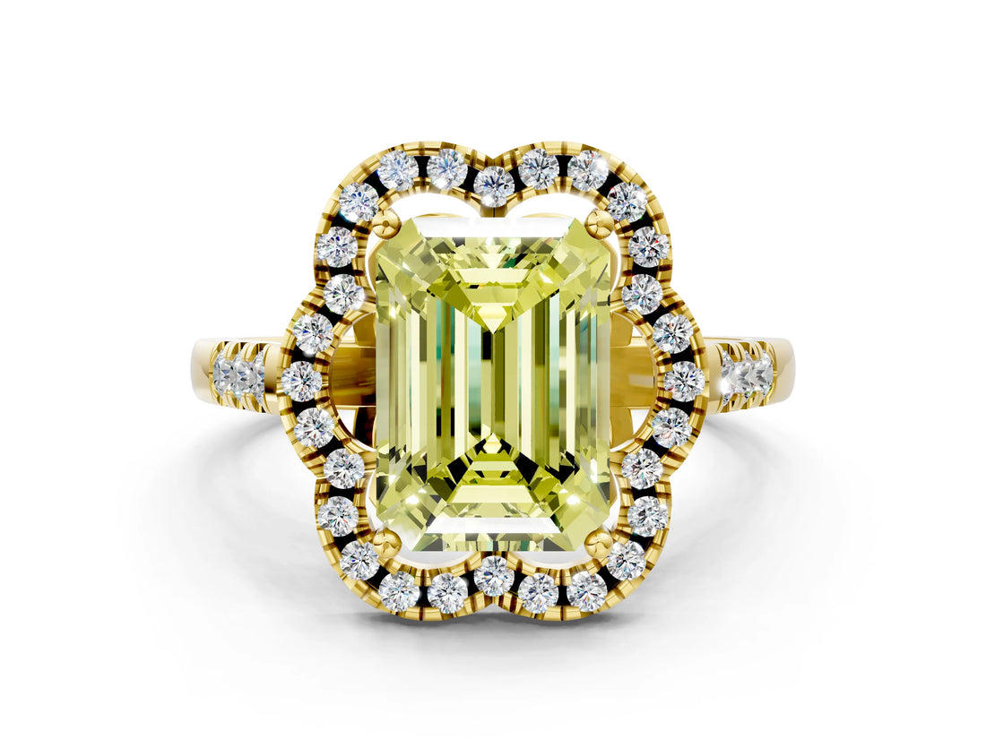 Yellow gold Fancy Yellow Emerald Cut Diamond Floral Halo Split Shank Prong Setting Ring