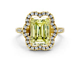 Yellow gold Fancy Yellow Emerald Cut Diamond Floral Halo Split Shank Prong Setting Ring