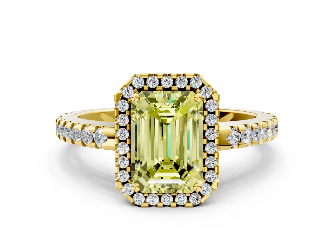 Yellow gold Fancy Yellow Emerald Cut Diamond Halo Engagement Ring with Pavé Band and Prong Setting_27