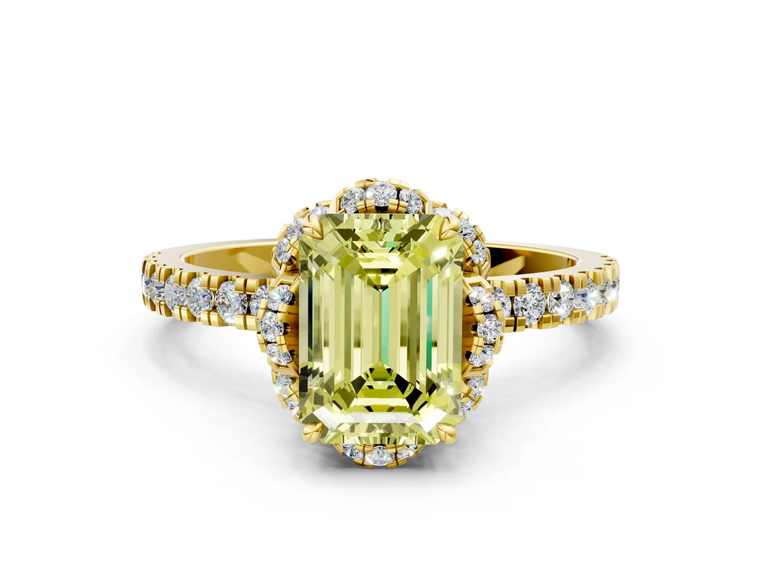 Yellow gold Fancy Yellow Emerald Cut Diamond Halo Pave Band with Four-Prong Setting_3