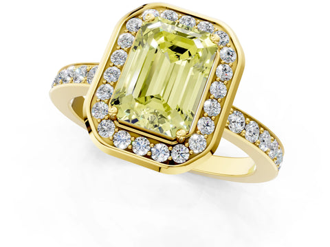 Yellow gold Fancy Yellow Emerald Cut Diamond Halo Ring with Bezel Frame and Pavé Band_1