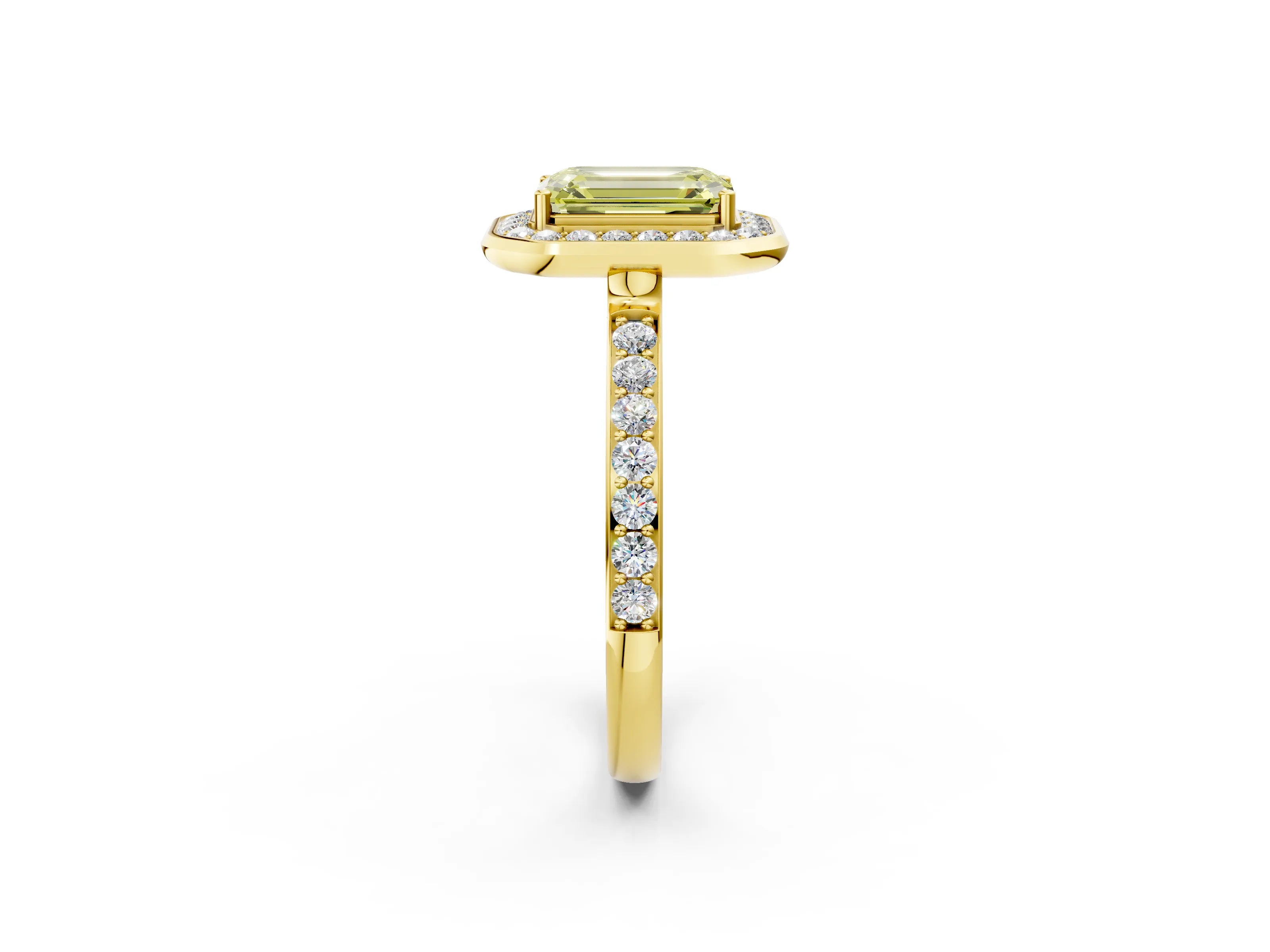 Yellow gold Fancy Yellow Emerald Cut Diamond Halo Ring with Bezel Frame and Pavé Band_2