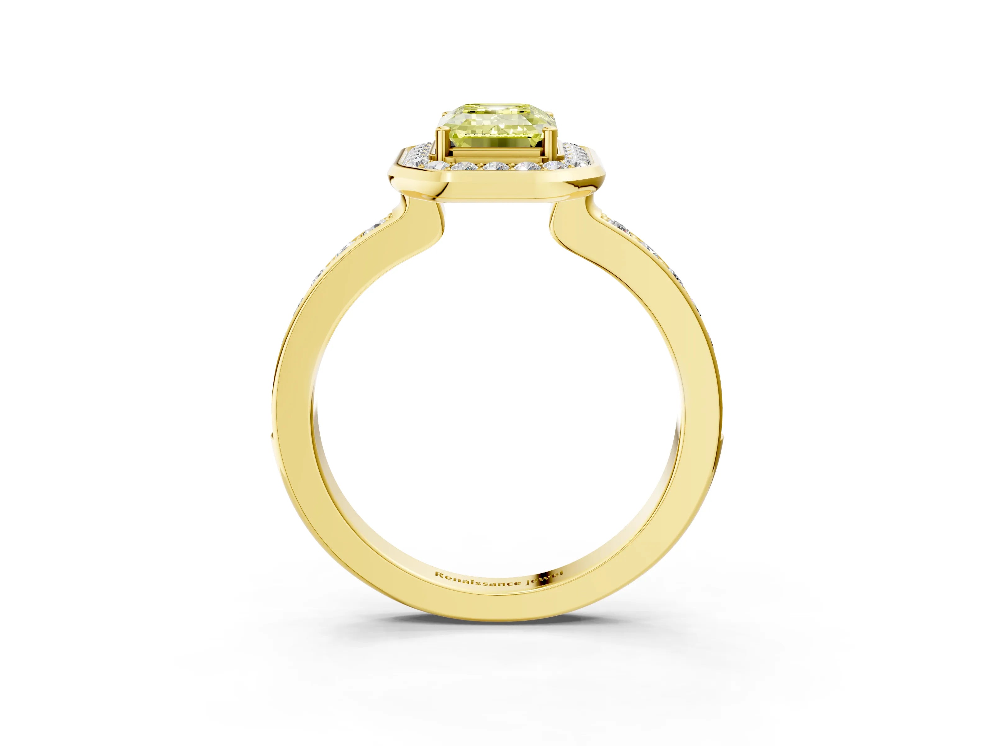 Yellow gold Fancy Yellow Emerald Cut Diamond Halo Ring with Bezel Frame and Pavé Band_3