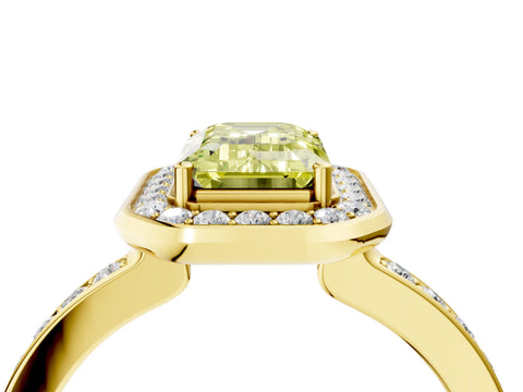 Yellow gold Fancy Yellow Emerald Cut Diamond Halo Ring with Bezel Frame and Pavé Band_4