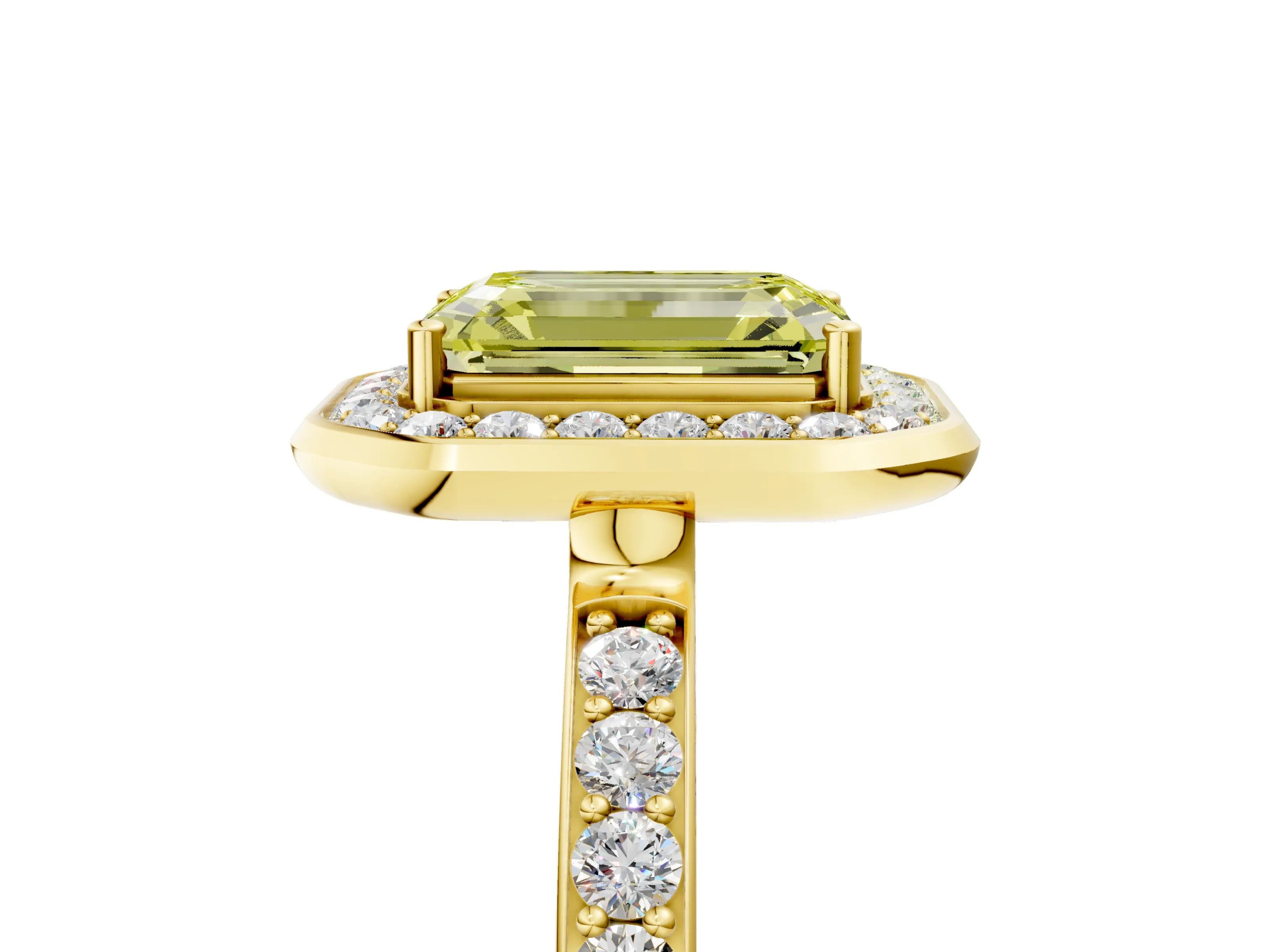 Yellow gold Fancy Yellow Emerald Cut Diamond Halo Ring with Bezel Frame and Pavé Band_5