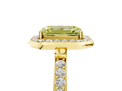 Yellow gold Fancy Yellow Emerald Cut Diamond Halo Ring with Bezel Frame and Pavé Band_5