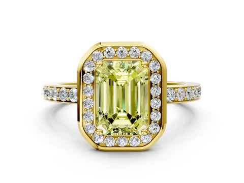 Yellow gold Fancy Yellow Emerald Cut Diamond Halo Ring with Bezel Frame and Pavé Band