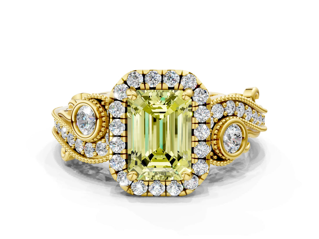 Yellow gold Fancy Yellow Emerald Cut Diamond Halo Ring with Milgrain Pavé Band and Four-Prong Setting_36