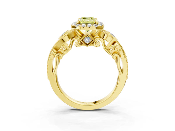 Yellow Gold Emerald Cut Halo Engagement Ring Setting for Fancy Yellow Center with Bezel Accents