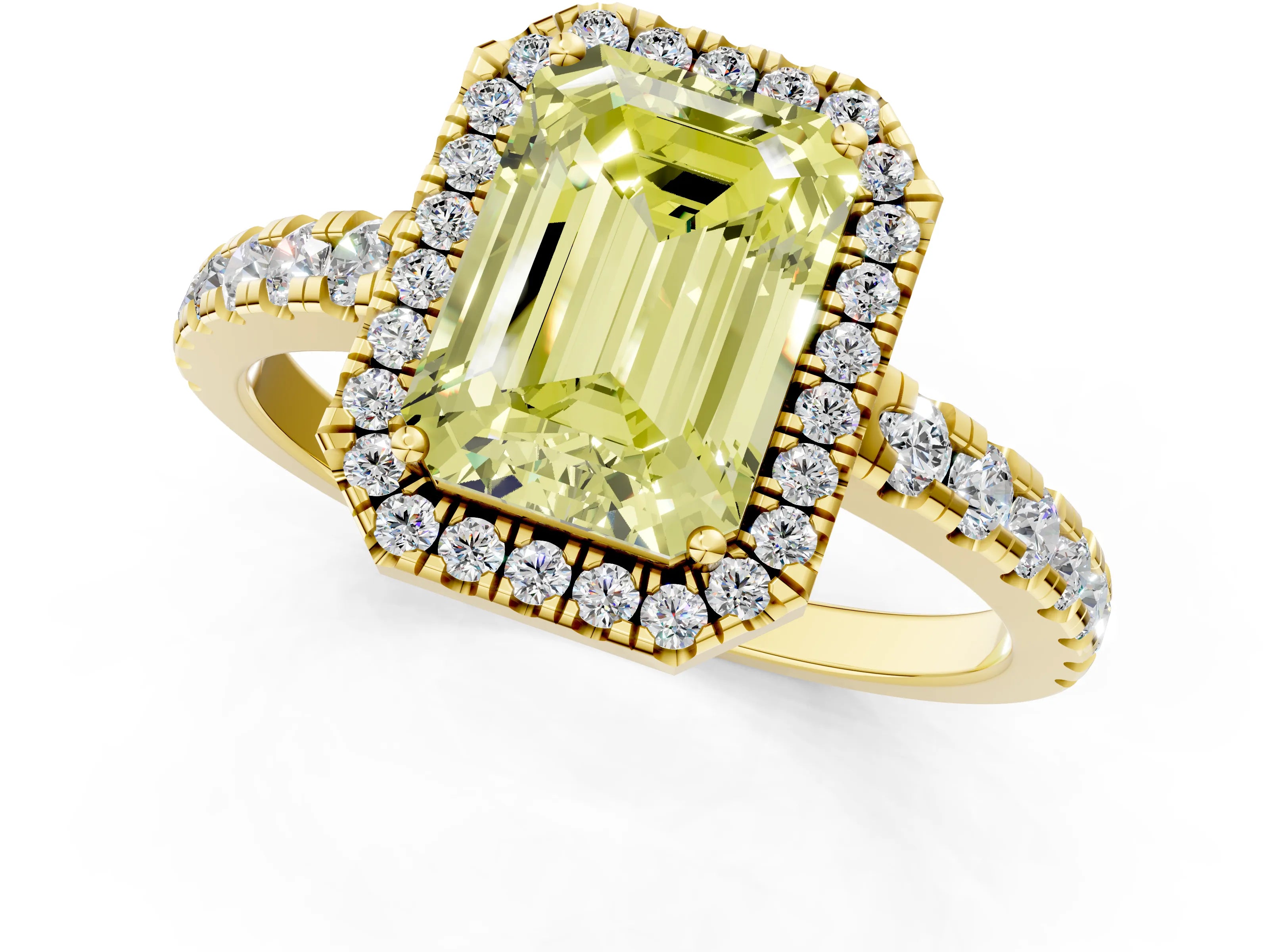 Yellow gold Fancy Yellow Emerald Cut Diamond Halo Ring with Pavé Band and Four-Prong Setting_1