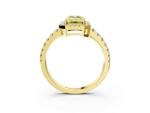Yellow gold Fancy Yellow Emerald Cut Diamond Halo Ring with Pavé Band and Four-Prong Setting_3