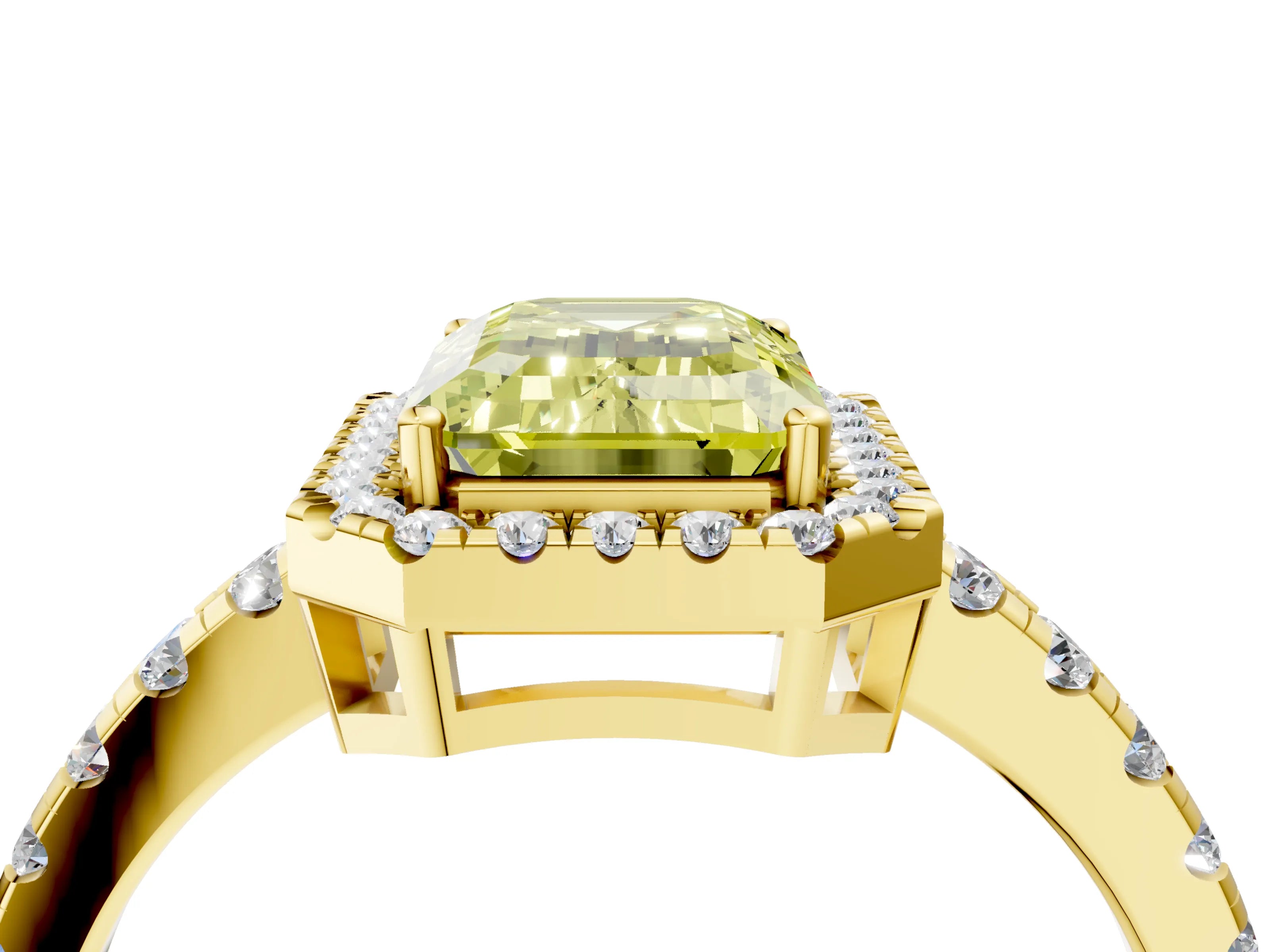 Yellow gold Fancy Yellow Emerald Cut Diamond Halo Ring with Pavé Band and Four-Prong Setting_4