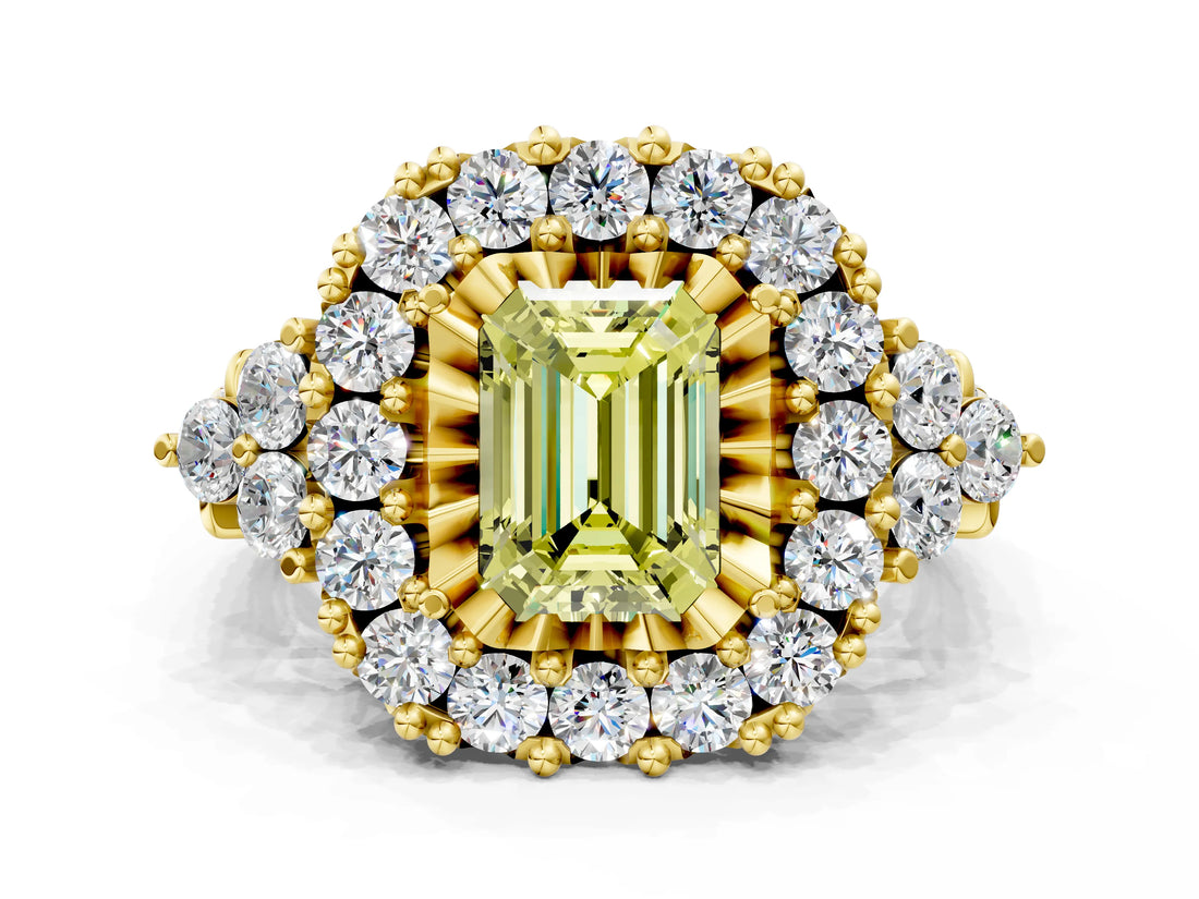 Yellow gold Fancy Yellow Emerald Cut Diamond Halo Ring with Pavé Band and Four-Prong Setting_40
