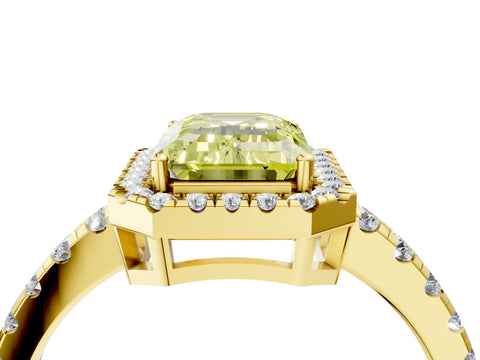 Yellow gold Fancy Yellow Emerald Cut Diamond Halo Ring with Pavé Band and Four-Prong Setting_4