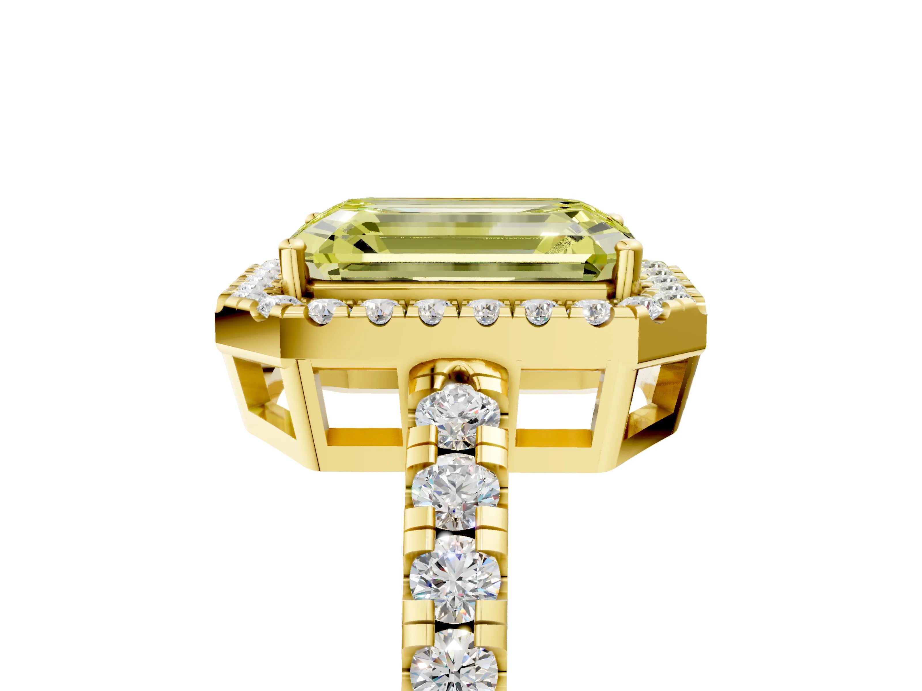 Yellow gold Fancy Yellow Emerald Cut Diamond Halo Ring with Pavé Band and Four-Prong Setting_5