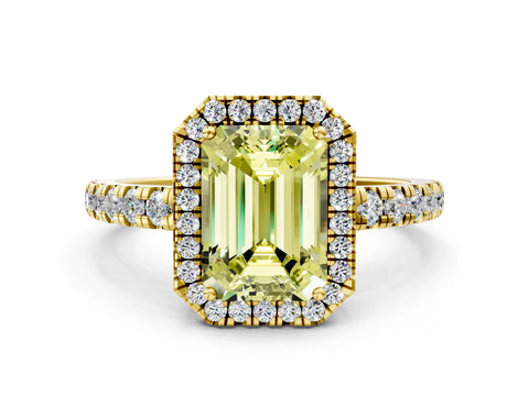 Yellow gold Fancy Yellow Emerald Cut Diamond Halo Ring with Pavé Band and Four-Prong Setting