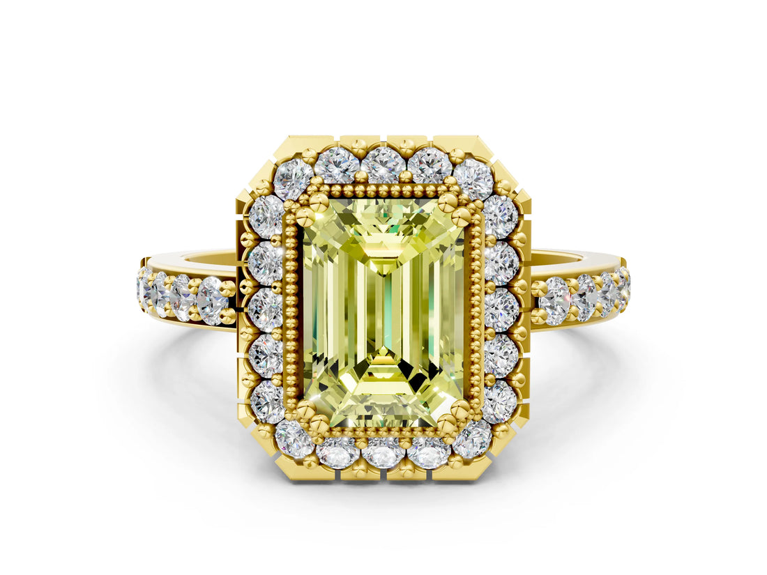 Yellow gold Fancy Yellow Emerald Cut Diamond Halo Ring with Pavé Band and Prong Setting