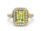 Yellow gold Fancy Yellow Emerald Cut Diamond Halo Ring with Pavé Band and Prong Setting