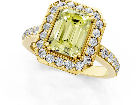 Yellow gold Fancy Yellow Emerald Cut Diamond Halo Ring with Pavé Band and Prong Setting_1