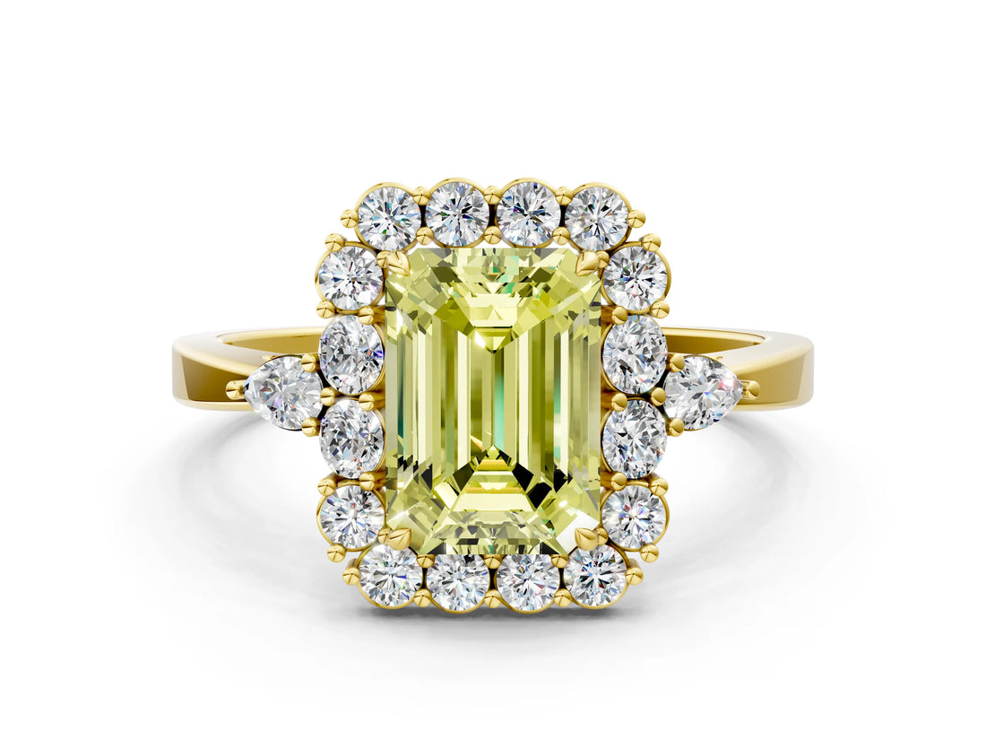 Yellow gold Fancy Yellow Emerald Cut Diamond Halo Ring with Pear Side Stones and Prong Setting_50