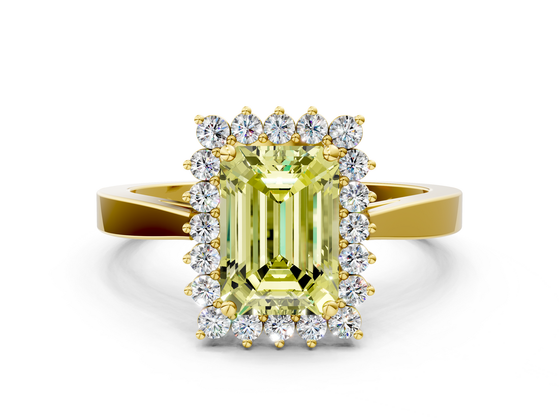 Yellow gold Fancy Yellow Emerald  Cut Diamond Halo Ring with Round Brilliant Halo and Solitaire Band_86