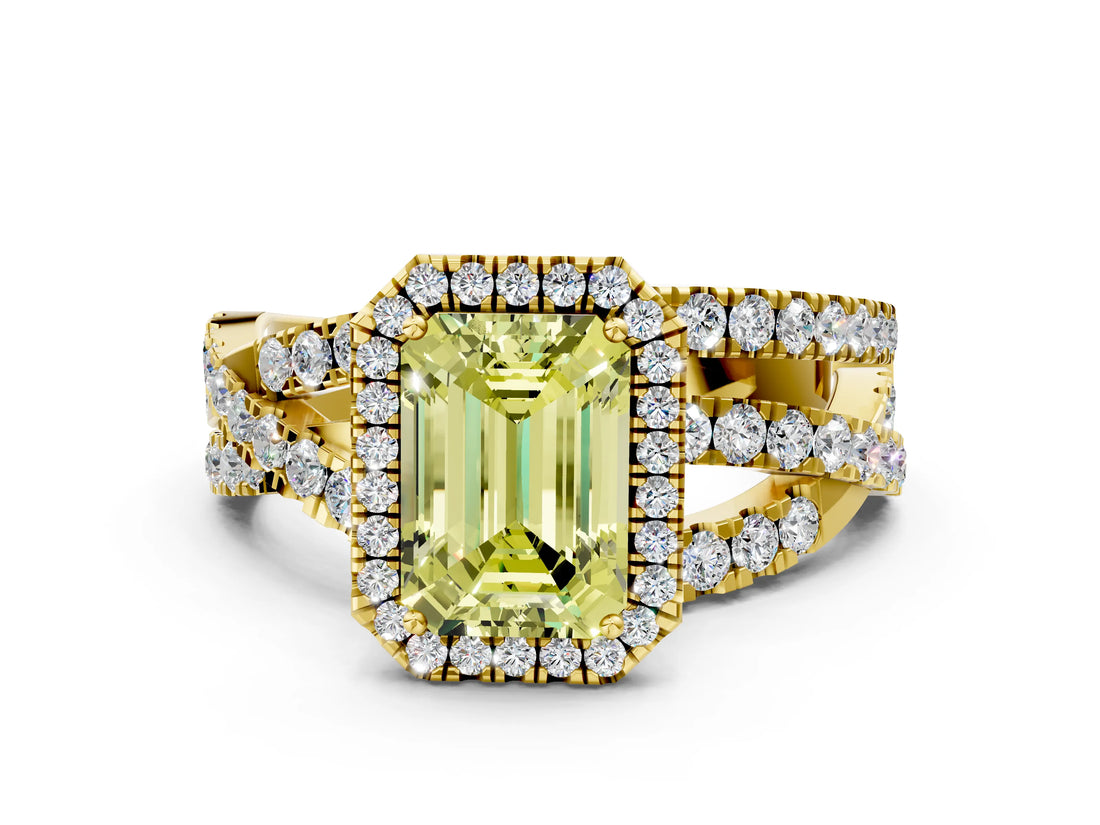 Yellow gold Fancy Yellow Emerald Cut Diamond Halo Ring with Round Split Shank and Prong Setting_36