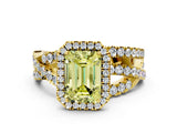 Yellow gold Fancy Yellow Emerald Cut Diamond Halo Ring with Round Split Shank and Prong Setting_36