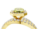 Yellow gold Fancy Yellow Emerald Cut Diamond Halo Ring with Round Split Shank and Prong Setting_40
