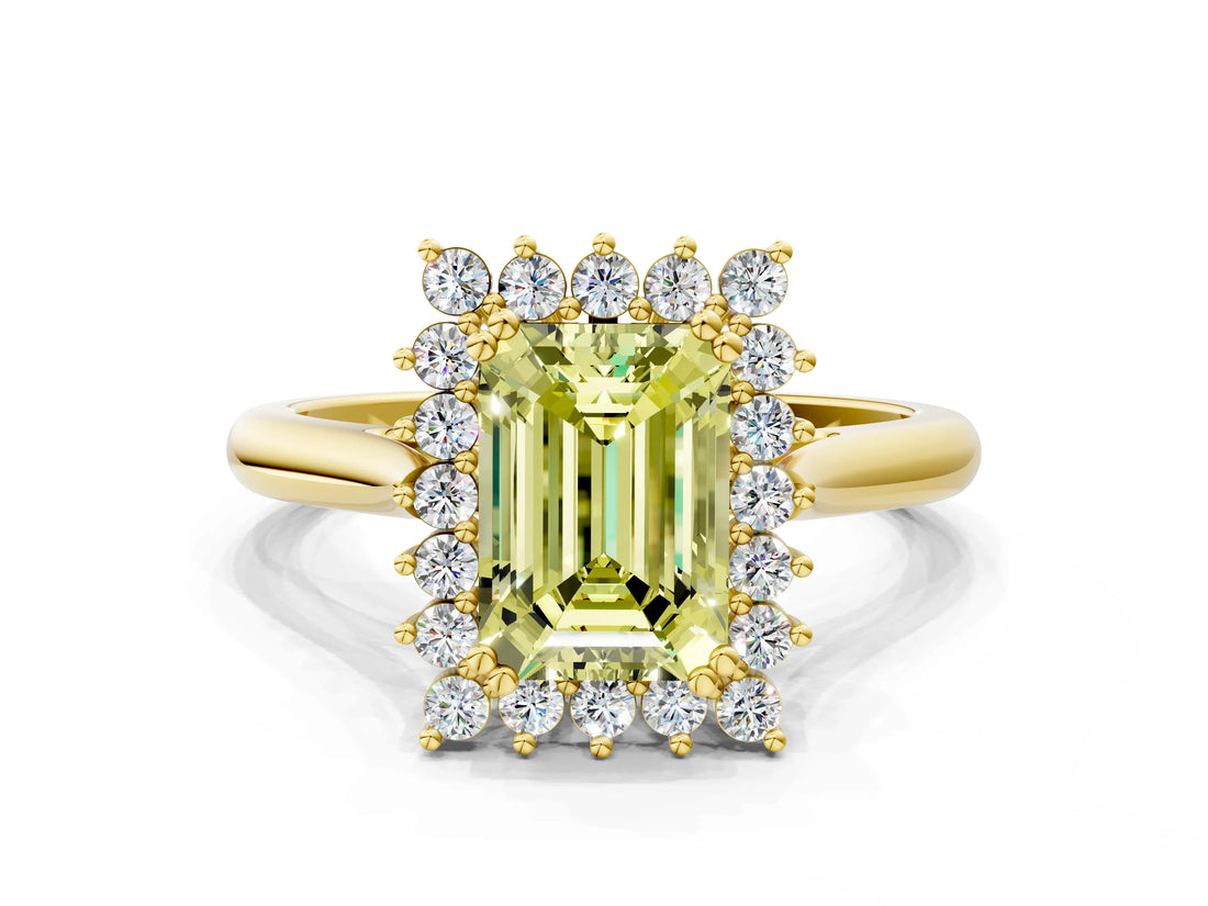 Yellow gold Fancy Yellow Emerald  Cut Diamond Halo Ring with Solitaire Band and Prong Setting_53