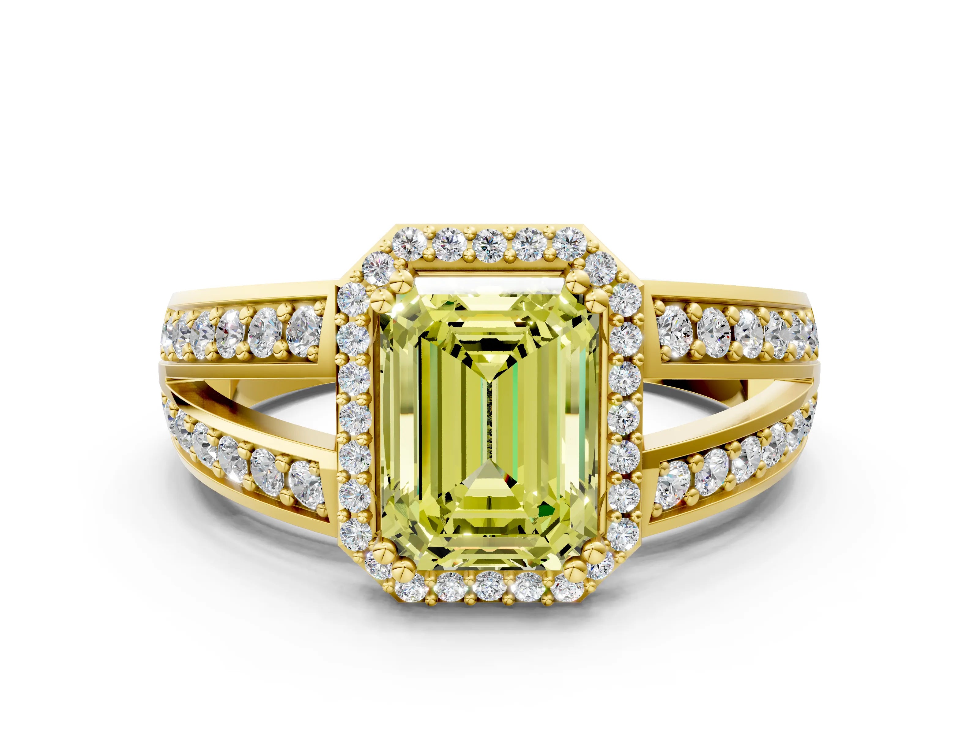 Yellow gold Fancy Yellow Emerald Cut Diamond Halo Ring with Split Shank Pavé Band and Four-Prong Setting