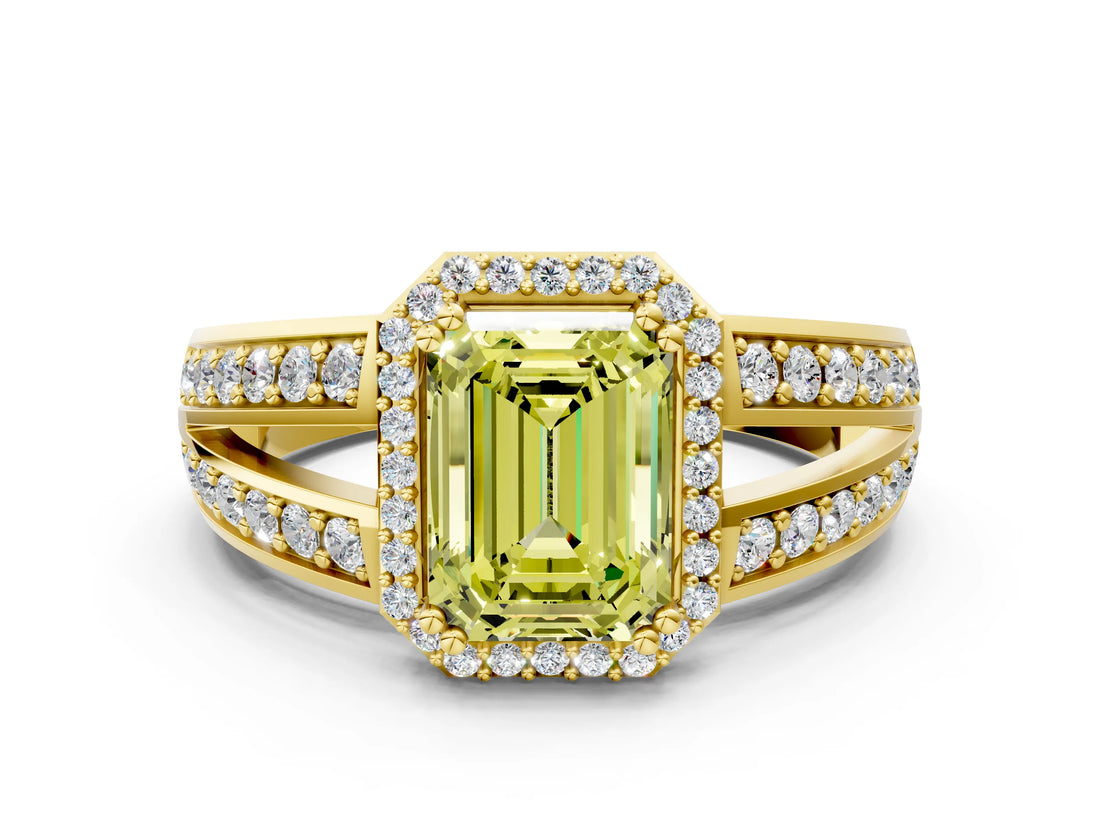 Yellow gold Fancy Yellow Emerald Cut Diamond Halo Ring with Split Shank Pavé Band and Four-Prong Setting