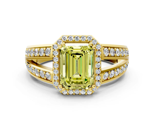 Yellow gold Fancy Yellow Emerald Cut Diamond Halo Ring with Split Shank Pavé Band and Four-Prong Setting