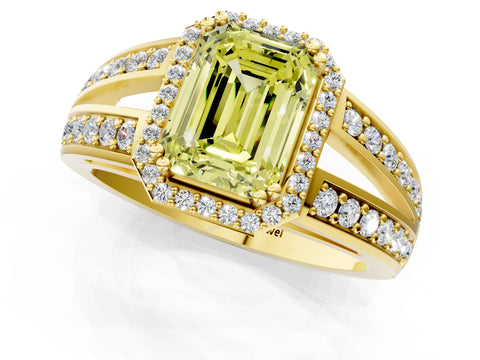Yellow gold Fancy Yellow Emerald Cut Diamond Halo Ring with Split Shank Pavé Band and Four-Prong Setting_1