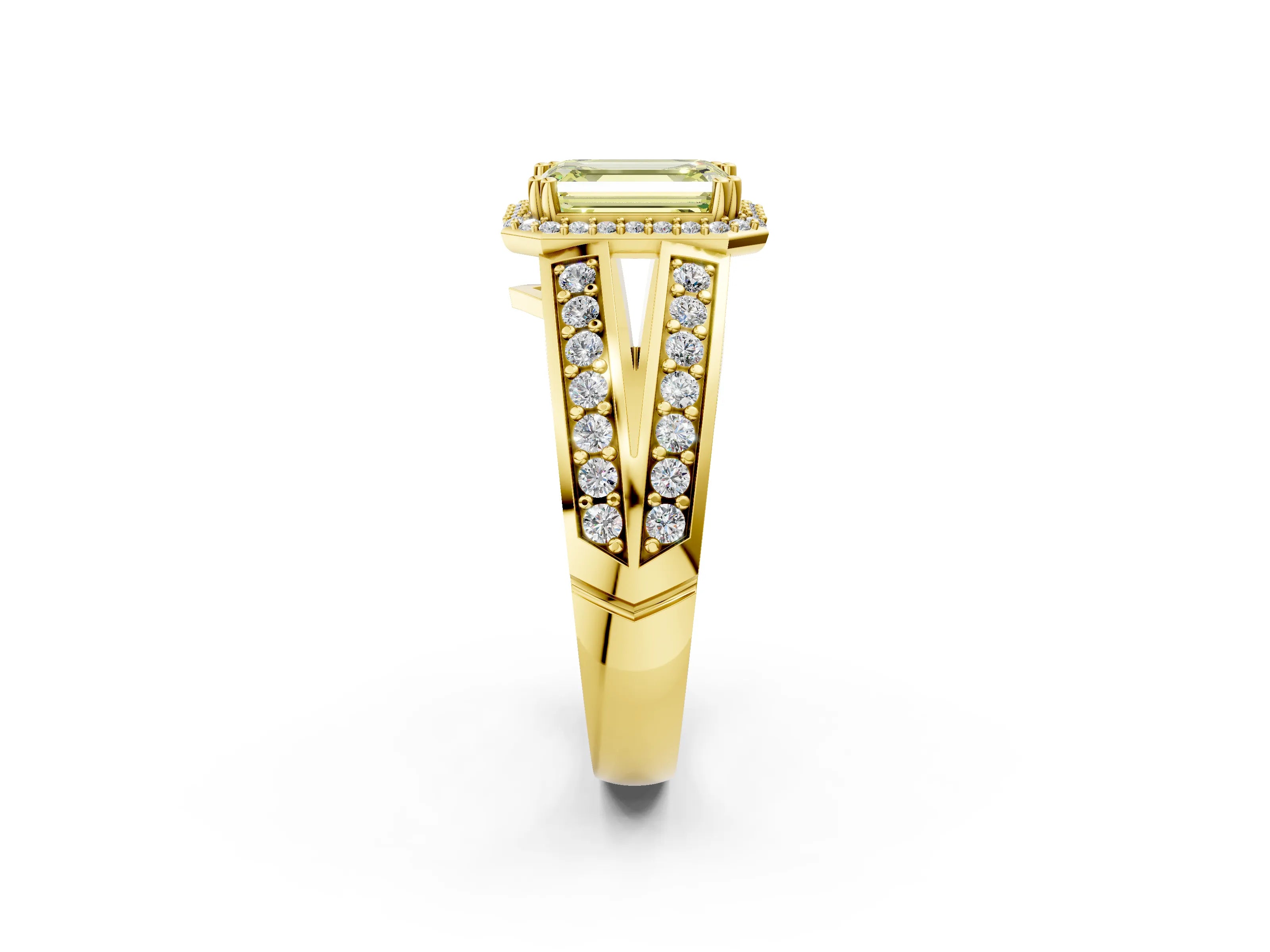 Yellow gold Fancy Yellow Emerald Cut Diamond Halo Ring with Split Shank Pavé Band and Four-Prong Setting_2