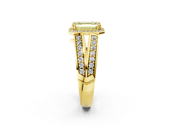 Yellow gold Fancy Yellow Emerald Cut Diamond Halo Ring with Split Shank Pavé Band and Four-Prong Setting
