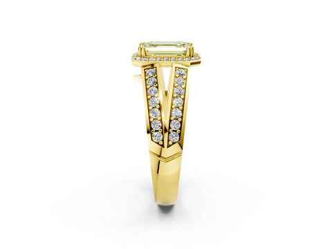Yellow gold Fancy Yellow Emerald Cut Diamond Halo Ring with Split Shank Pavé Band and Four-Prong Setting_2