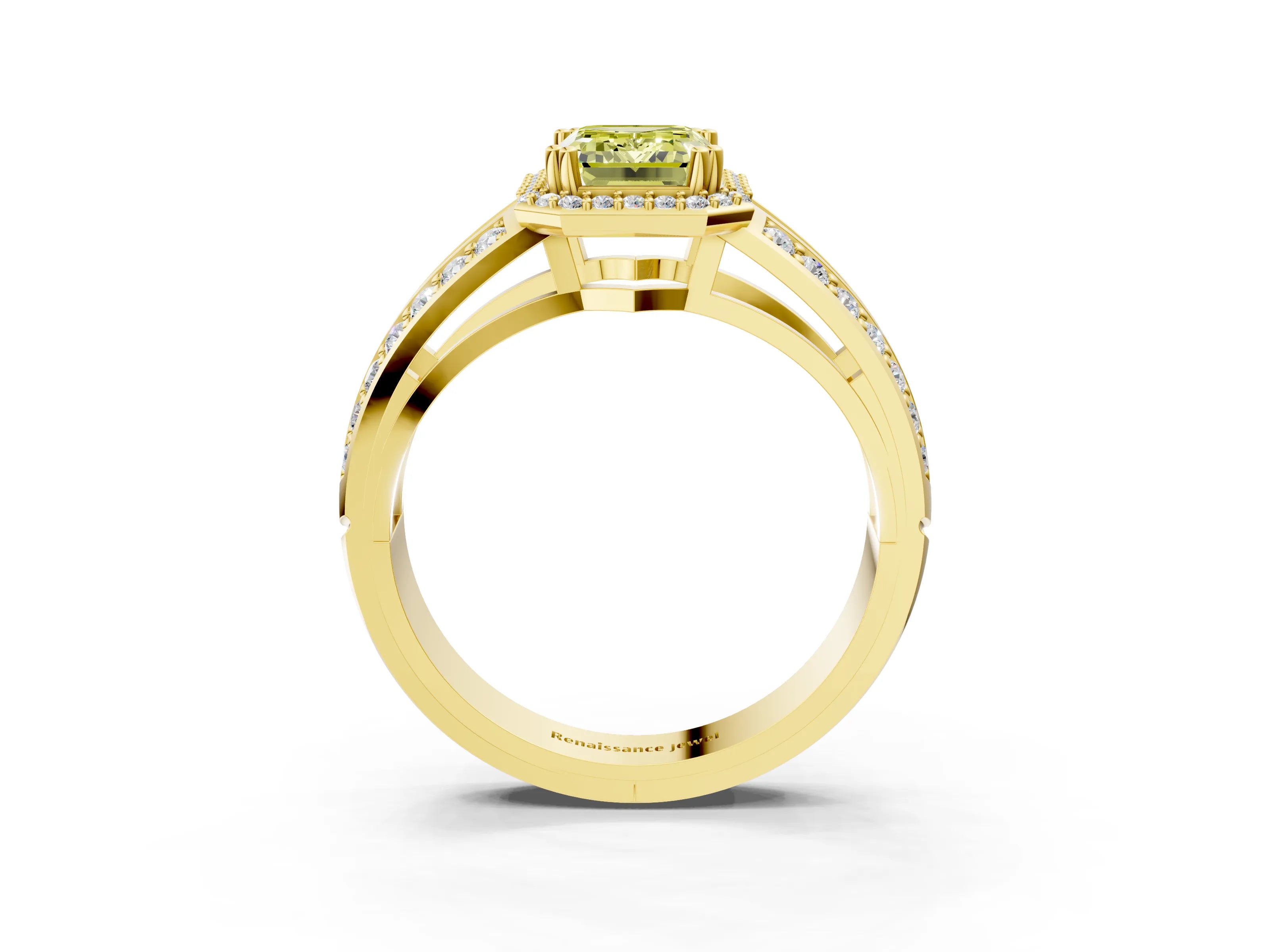 Yellow gold Fancy Yellow Emerald Cut Diamond Halo Ring with Split Shank Pavé Band and Four-Prong Setting_3