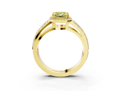 Yellow gold Fancy Yellow Emerald Cut Diamond Halo Ring with Split Shank Pavé Band and Four-Prong Setting_3