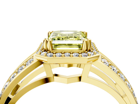 Yellow gold Fancy Yellow Emerald Cut Diamond Halo Ring with Split Shank Pavé Band and Four-Prong Setting_4