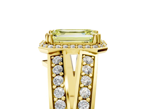 Yellow gold Fancy Yellow Emerald Cut Diamond Halo Ring with Split Shank Pavé Band and Four-Prong Setting_5