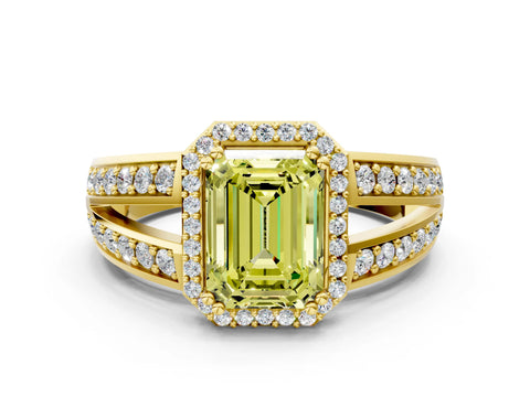 Yellow gold Fancy Yellow Emerald Cut Diamond Halo Ring with Split Shank Pavé Band and Four-Prong Setting
