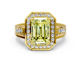 Yellow gold Fancy Yellow Emerald Cut Diamond Halo Ring with Split Shank and Bezel Accents and Prong Setting