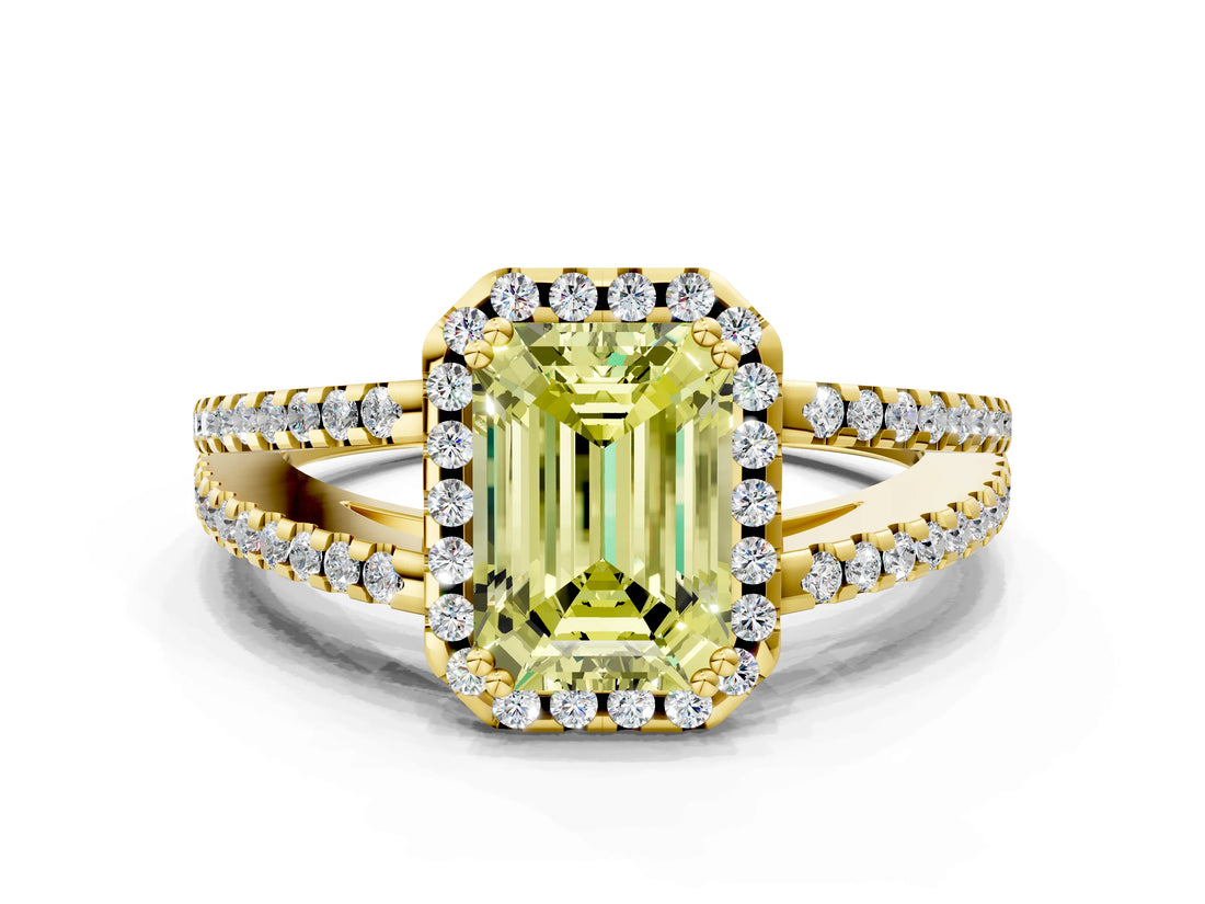 Yellow gold Fancy Yellow Emerald Cut Diamond Halo Split Shank Engagement Ring_39
