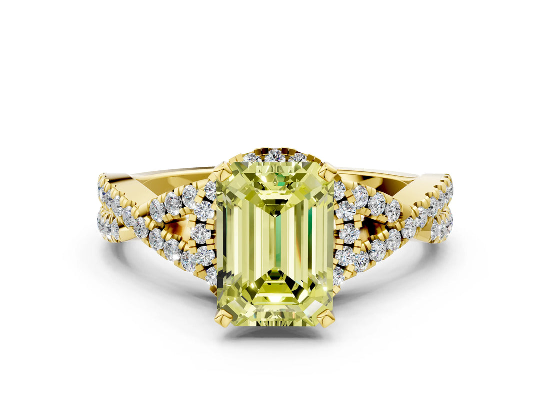 Yellow gold Fancy Yellow Emerald Cut Diamond  Halo Twist Band Solitaire Prong Setting Ring_48