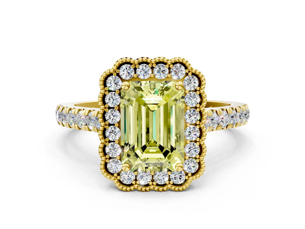 Yellow gold Fancy Yellow Emerald  Cut Diamond Milgrain Floral Halo Engagement Ring with Pavé Band